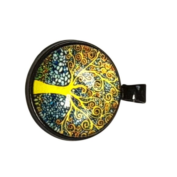Tree Of Life Pendant Necklace Art Glass Yellow Blue Dome Black Alloy Boho Gift - Picture 6 of 6